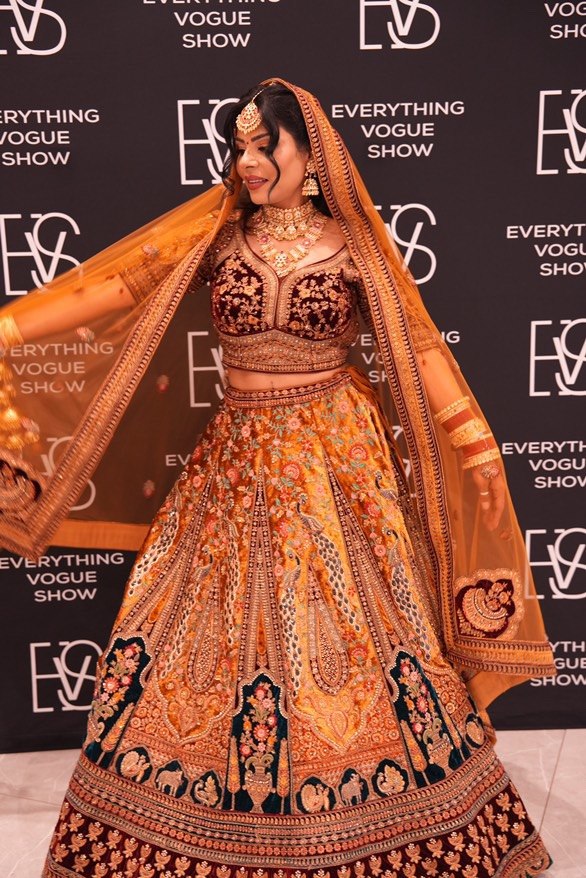 South Asian bride, embroidered lehenga, editorial lighting